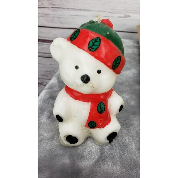 Christmas White Teddy Bear Red scarf beanie Candle Candlewax - Picture 1 of 6
